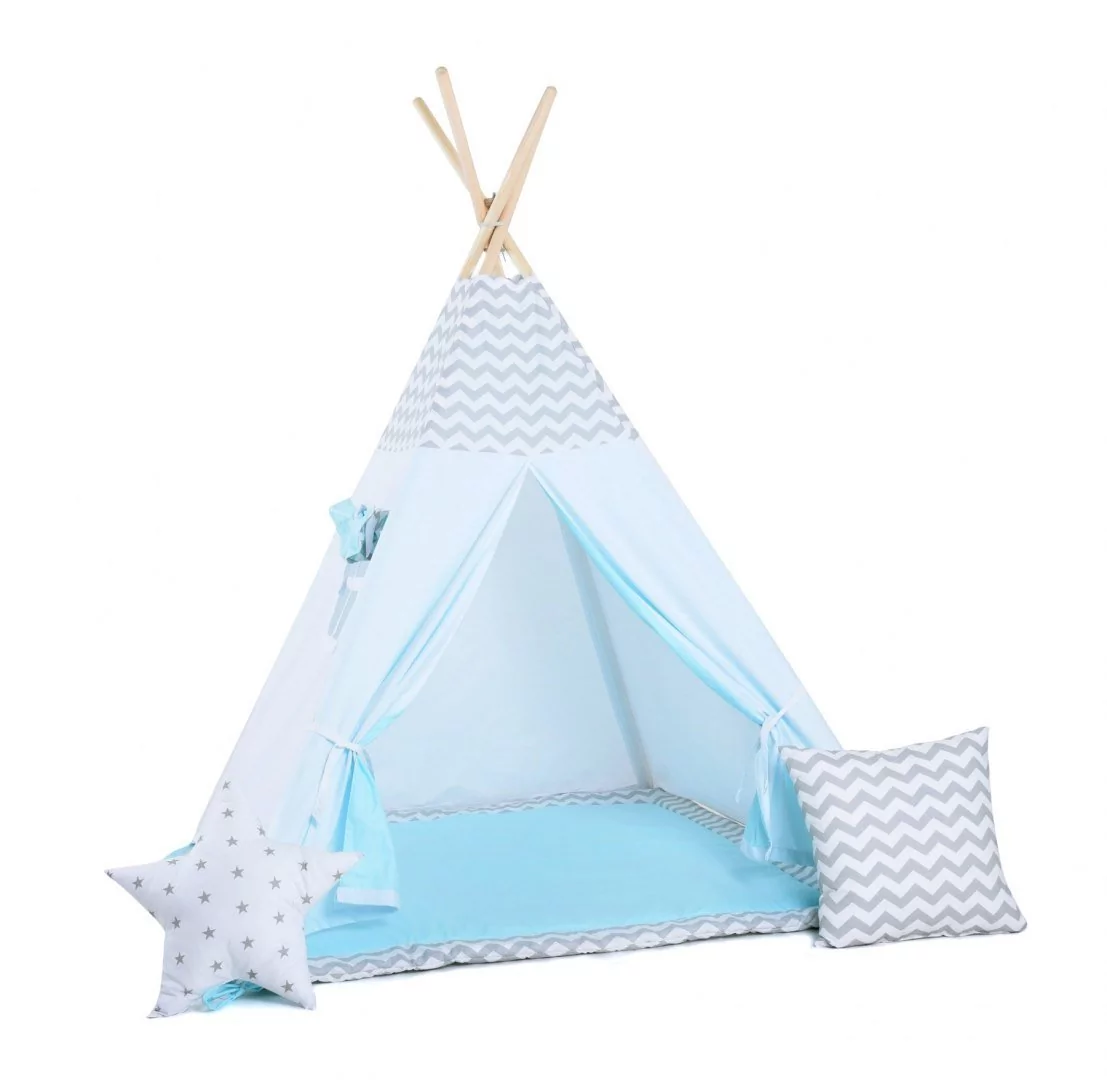 SowkaDesign Namiot tipi dla dzieci, bawełna, okienko, poduszka, błękitny wiatr