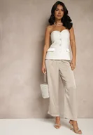 Spodnie damskie - Beżowe Spodnie High Waist o Eleganckim Fasonie z Prostą Nogawką Jenarwena - miniaturka - grafika 1