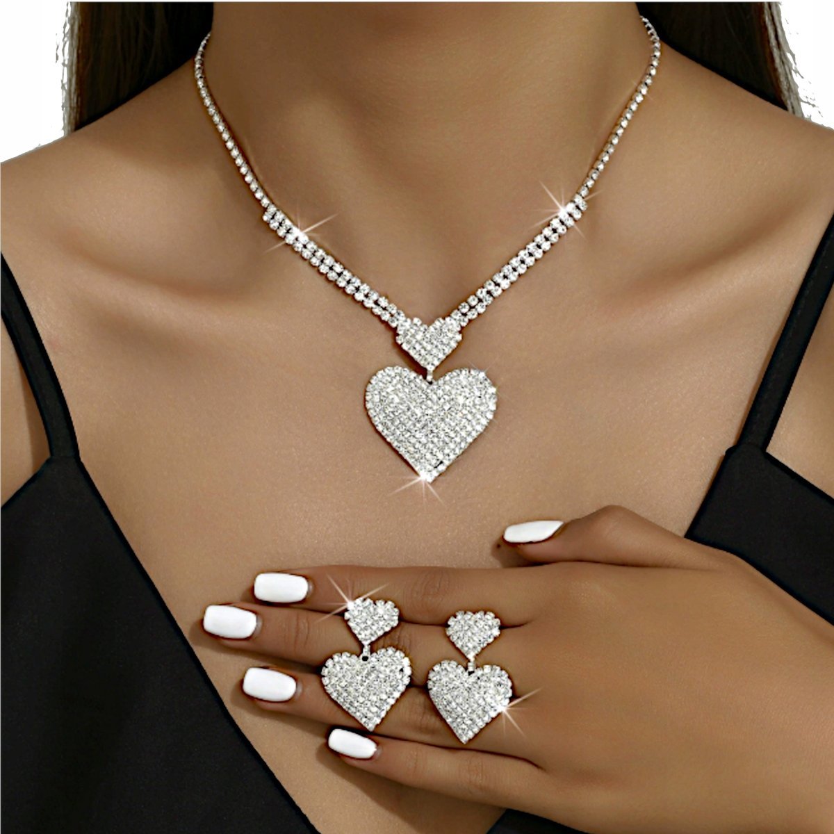 Komplet Kolczyki Naszyjnik Srebrny Zestaw Ślubny Wizytowy Cyrkonie Serce