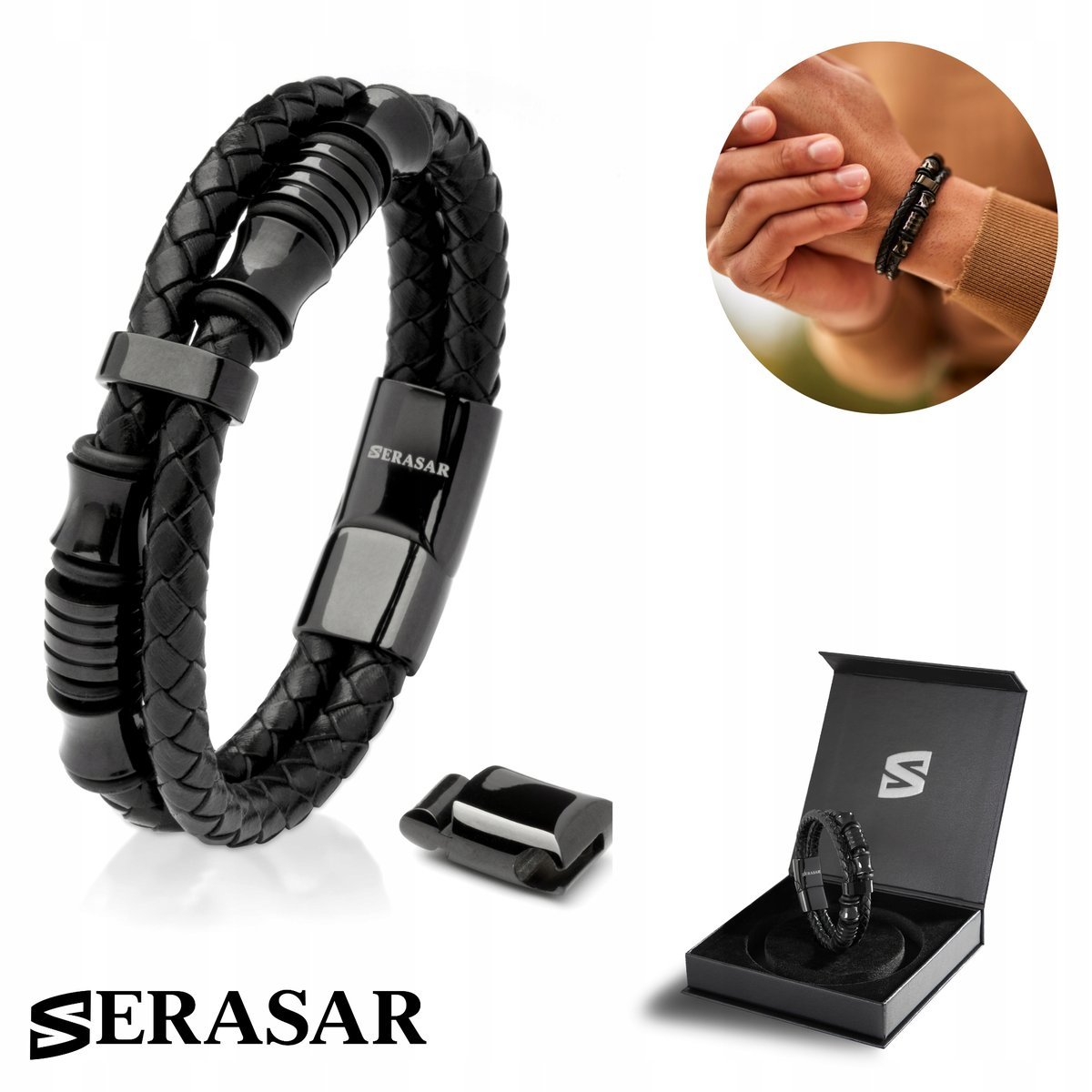 SERASAR męska skórzana bransoletka [Spirit] - czarna 20 cm - ze stalowym zapięciem magnetycznym - w zestawie pudełko prezentowe