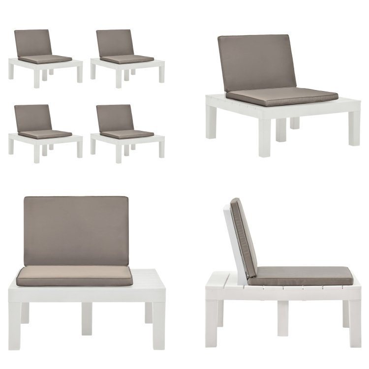 vidaXL Krzesła ogrodowe z poduszkami 4 szt. Biały plastik - Leżak ogrodowy - Leżaki ogrodowe - Krzesło ogrodowe - Krzesła ogrodowe