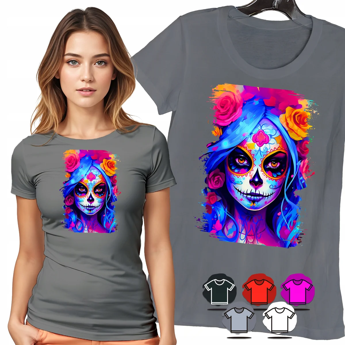KOSZULKA DAMSKA T-SHIRT - SANTA MUERTE KOLOROWA CZASZKA KWIATY WZÓR - S