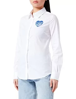 Koszulki i topy damskie - Love Moschino Damska koszulka Slim Fit z długim rękawem z logo Love Storm Knit Effect Heart, Bia?y niebieski, 42 - grafika 1