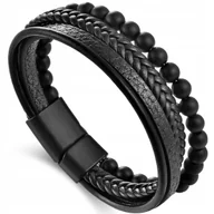 Bransolety męskie - BRANSOLETKA MĘSKA SKÓRZANA POTRÓJNA CZARNE KORALIKI STAL CHIRURGICZNA 316L - miniaturka - grafika 1