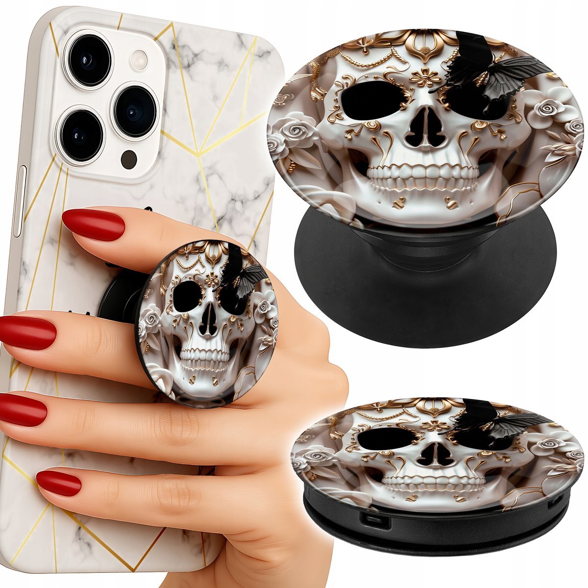 Uchwyt do telefonu Popsocket na palce/stojak KOBIECE WZORY CZASZKA MOTYL