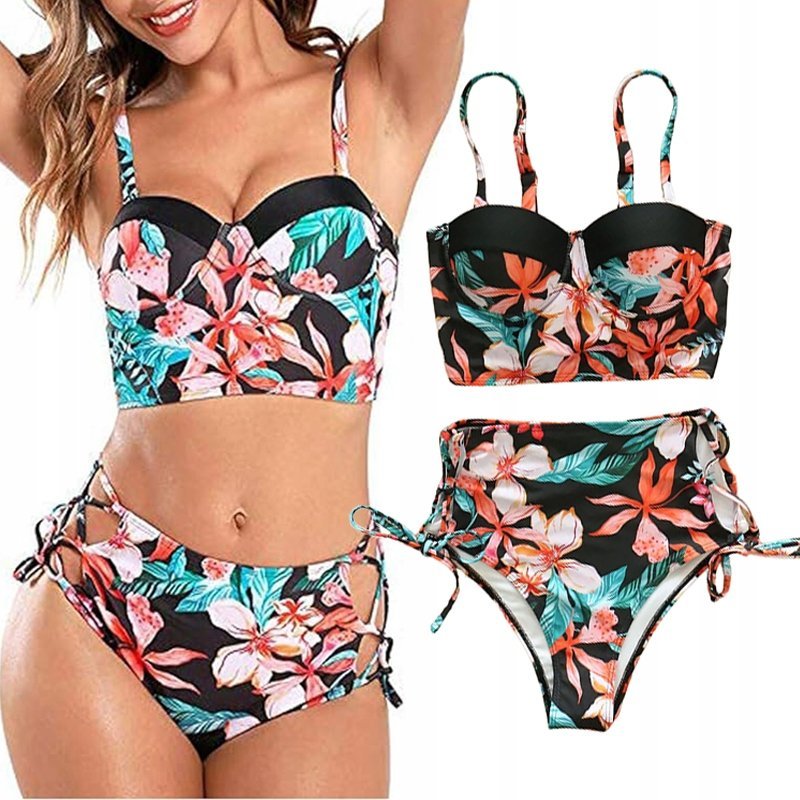 Strój Kąpielowy Dwuczęściowy Wysoki Stan Modelujący Damski Czarny Kwiaty S