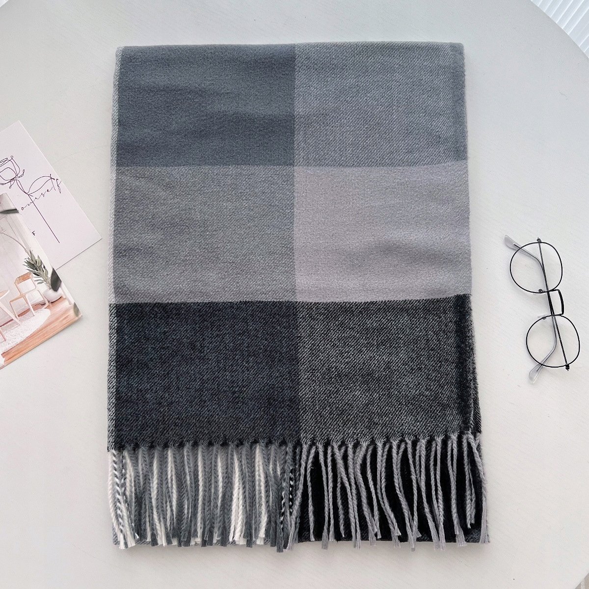 elegancki damski SZAL na zimę ciepły SZALIK szykowny 180x66 niebiesko-szary