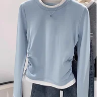 Bluzki damskie - TEMU Retro Okrągły Dekolt Kolorowy Blokowany Sztuczny Dwuczęściowy Długi Rękaw Z Falbankami T-Shirt, Stylowa Warstwa Podstawowa z Długim Rękawem, - miniaturka - grafika 1