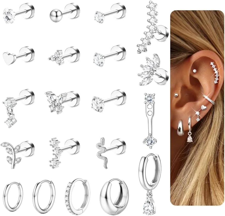 Kolczyki helix ze stali chirurgicznej 20 szt. złote i srebrne conch tragus