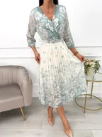 Sukienki - Miętowo-Beżowa Plisowana Sukienka w Kwiaty - ModnaKiecka.pl - miniaturka - grafika 1