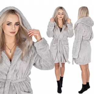 Szlafrok damski z kapturem i paskiem rozm. L/XL polarowy jasny szary - Szlafroki damskie - miniaturka - grafika 1