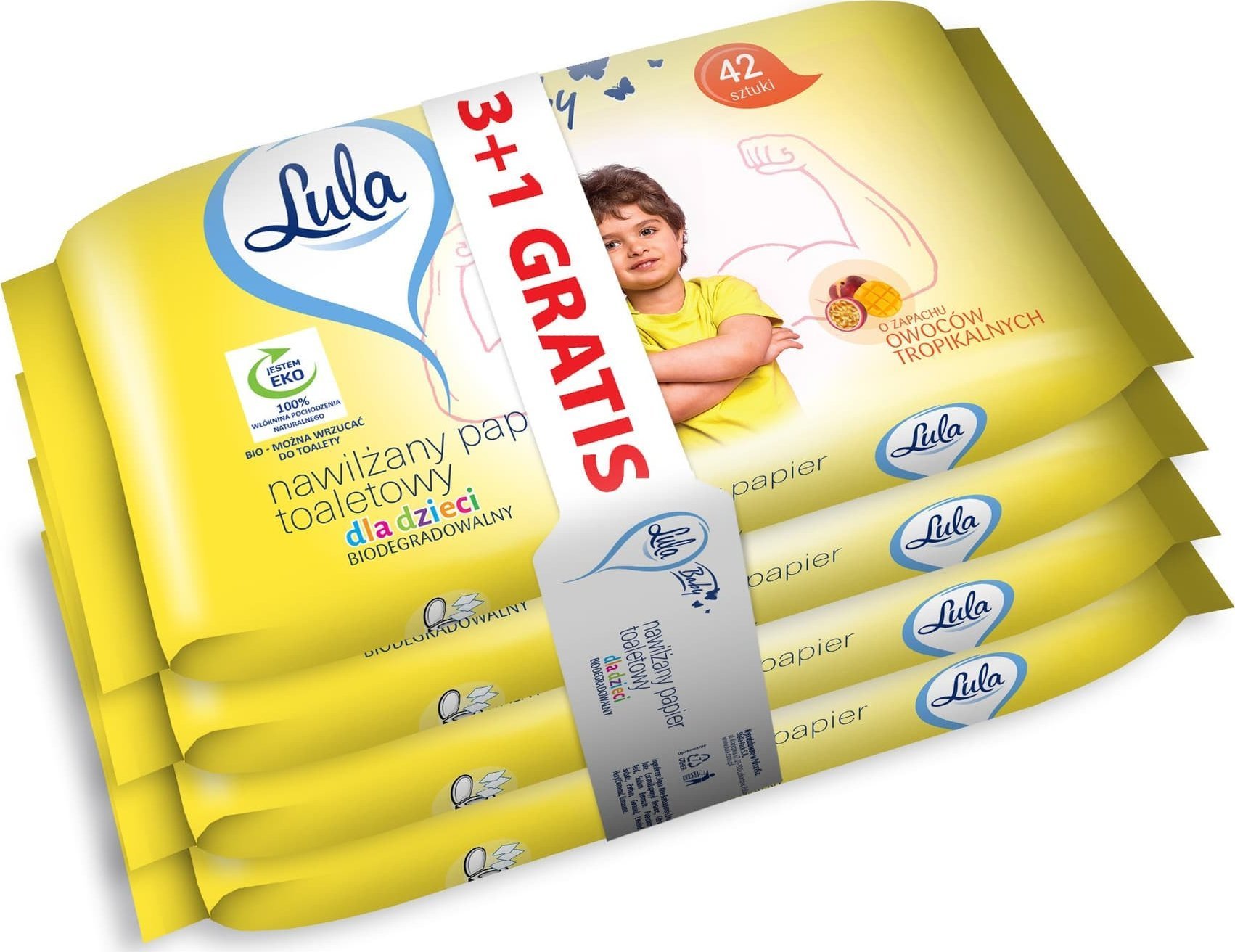 Stella LULA Papier toaletowy nawilżany dla dzieci - owoce tropikalne 42 szt. - 3 op. +1 op. Gratis