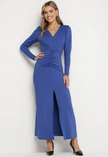 Niebieska Elegancka Sukienka Kopertowa Ozdobiona Marszczeniami Zainara - Sukienki - miniaturka - grafika 1