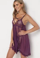 Bielizna nocna - Fioletowa Koszula Nocna z Wiązaniem na Dekolcie Wykończona Koronką oraz Stringi Gumaiya - miniaturka - grafika 1