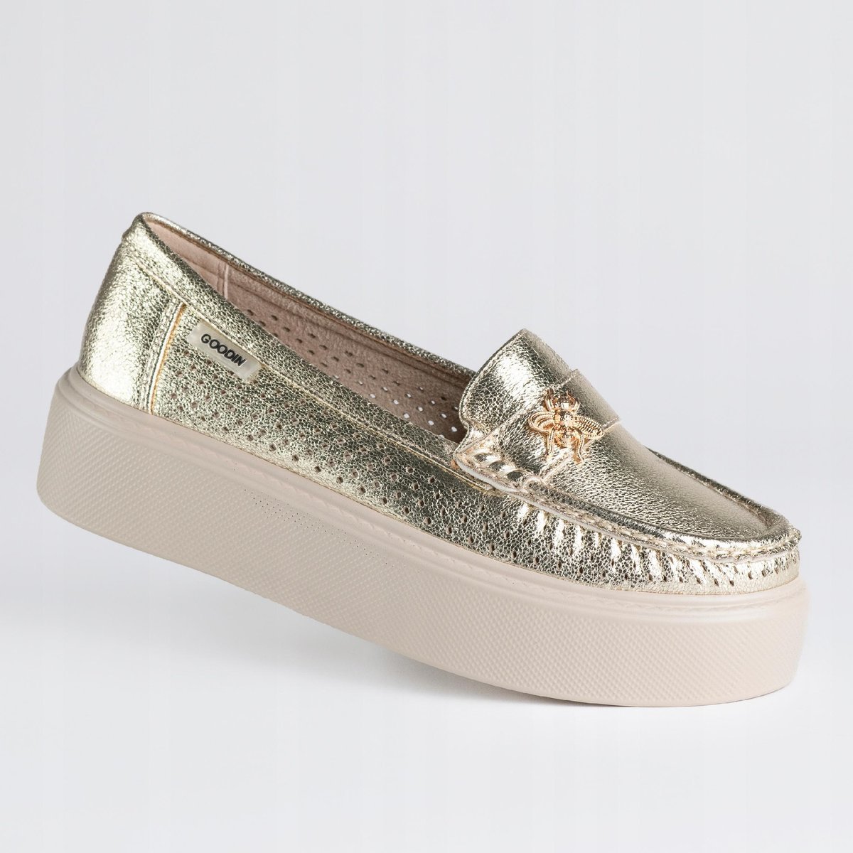 Mokasyny damskie skóra GOODIN GD-FL6101 ażurek lekkie klasyczne złote 41