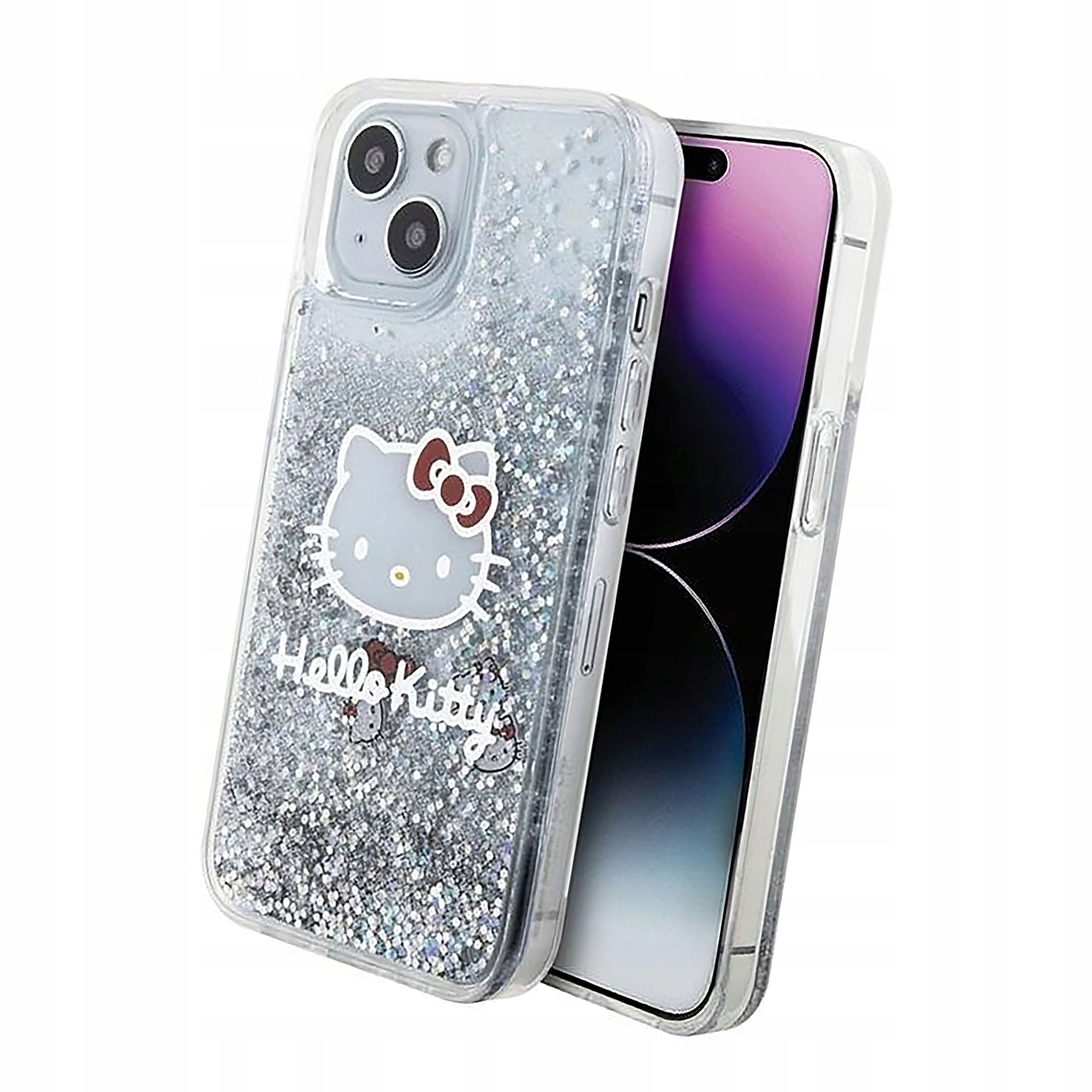 Etui Hello Kitty Liquid Glitter Charms Kitty Head do iPhone 14 srebrne