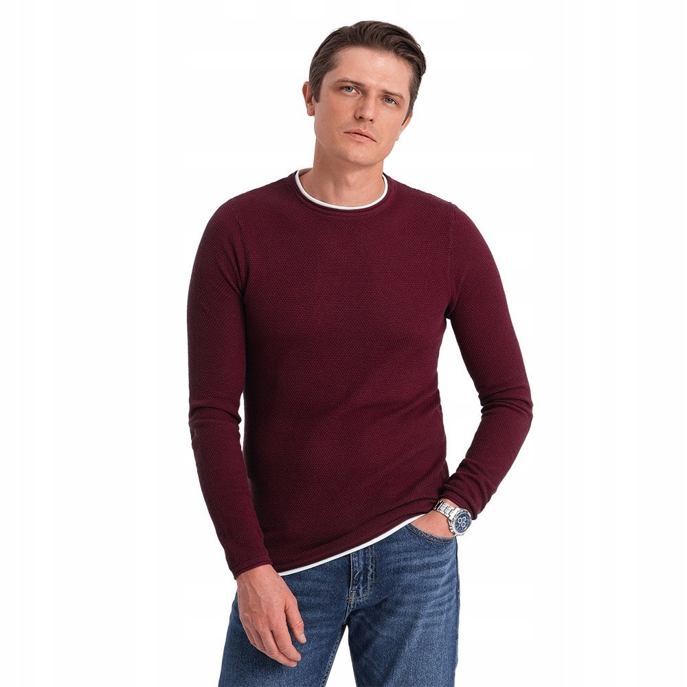Bawełniany sweter męski z okrągłym dekoltem bordowy V8 OM-SWSW-0103 XXL