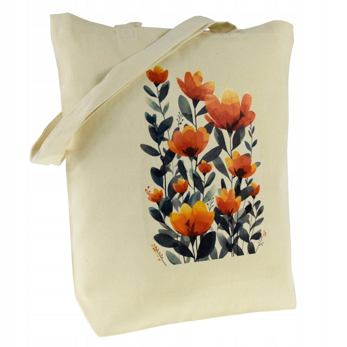 TORBA bawełniana 220g ecru z nadrukiem KWIATY materiałowa do szkoły pracy