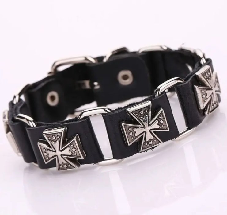 Bransoletka meska skorzana czarna krzyze punk rock 24cm prezent