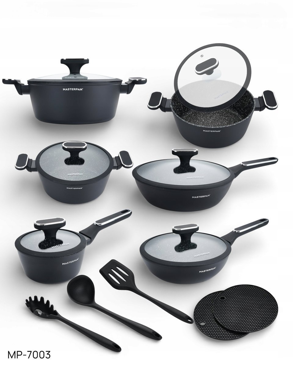 KOMPLET GARNKÓW MARMURKOWYCH 15EL. POWŁOKA GRANITOWA INDUKCJA GAZ CZARNE