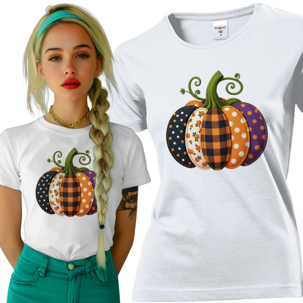 Koszulka damska Patchworkowa Dynia W Kropki Kratkę Dzień Dyni Halloween XL