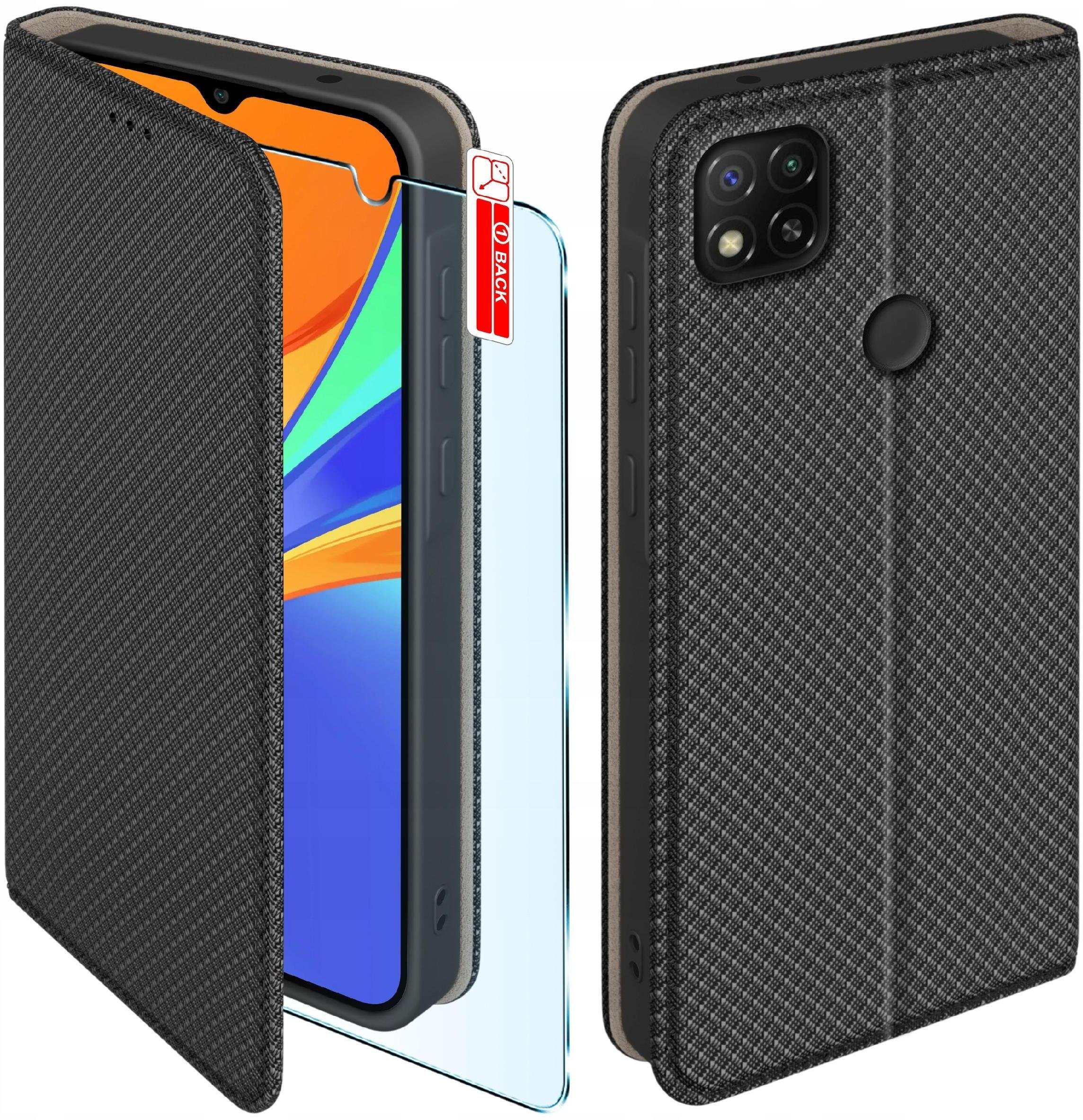 krainaGSM Etui Z Klapką Do Xiaomi Redmi 9C Zamykane Czarne Futerał + Szkło