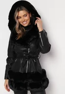 Kurtki damskie - Czarna Kurtka z Ekoskóry i Futerka z Wiązanym Paskiem Aravirta - miniaturka - grafika 1