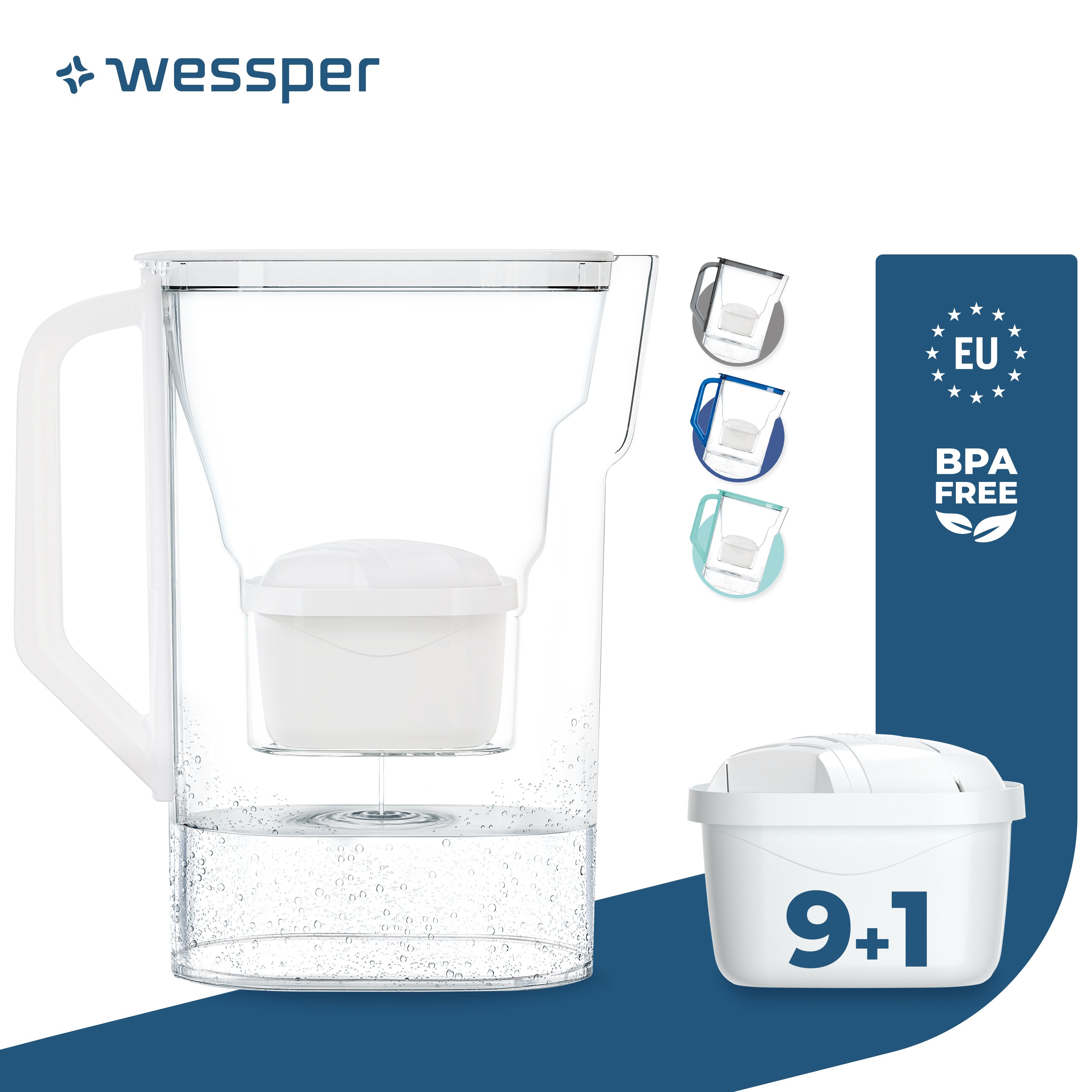 Dzbanek filtrujący wodę Wessper 2,7 l na drzwi lodówki, z filtrem z węglem aktywnym, kompatybilny z wkładem filtrującym Brita Maxtra 10x - biały