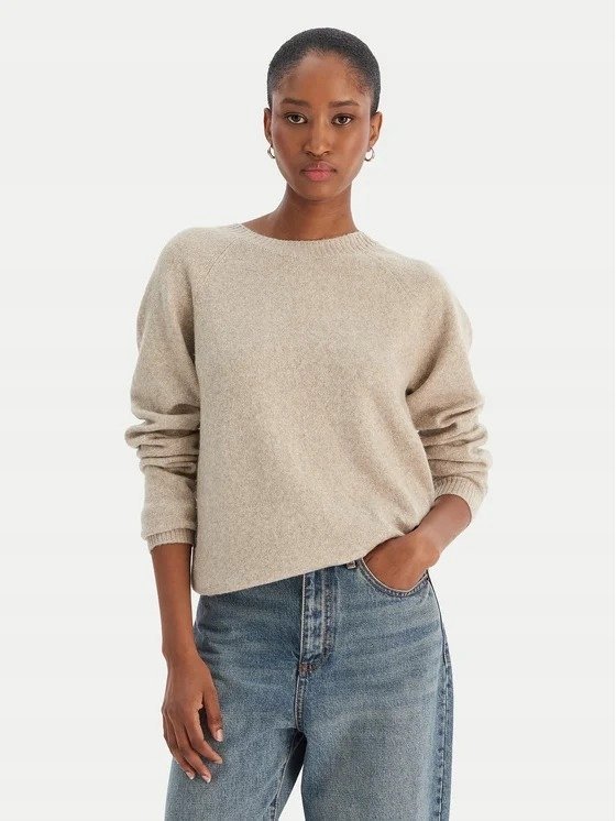 VERO MODA BEŻOWY SWETER Z OKRĄGŁYM DEKOLTEM I DŁUGIM RĘKAWEM S 27AA