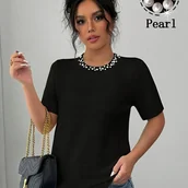 Bluzki damskie - TEMU Damski T-Shirt z Krótkim Rękawem i Perłowym Akcentem – Jednokolorowa Bluzka z Okrągłym Dekoltem na Wiosnę i , Casual i Eleganckie Stylizacje – - miniaturka - grafika 1