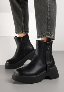 Czarne Botki Sztyblety na Platformie z Metalicznymi Zdobieniami przy Cholewce Tulirina - Botki damskie - miniaturka - grafika 1