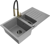 Zlewozmywaki z baterią - Mexen Matias zlewozmywak granitowy 1,5-komorowy z ociekaczem i baterią kuchenną Aster, szary - 6502-71-73450-57-B - miniaturka - grafika 1