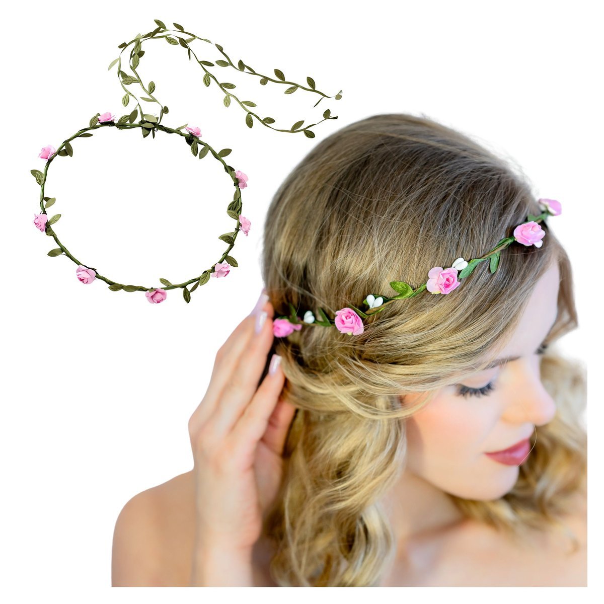 Wianek opaska Z KWIATAMI na głowę różowy DŁUGI z liśćmi do włosów BOHO