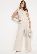 Spodnie damskie - Beżowe Eleganckie Spodnie w Garniturowym Stylu z Zakładkami Illthai - miniaturka - grafika 1