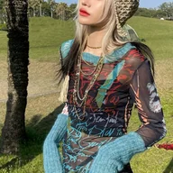 Bluzki damskie - TEMU TP2415 Damska Koszulka Letnia 2024 z Okrągłym Dekoltem i Długim Rękawem - Oddychająca Tkanina Mesh w Kolorze Turkusowym, Wzór Tie-Dye, Styl - miniaturka - grafika 1