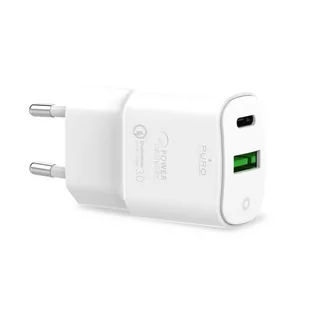 PURO White Mini Fast Travel Charger - Ładowarka sieciowa USB-A + USB-C Power Delivery 20W (biały) - Ładowarki do telefonów - miniaturka - grafika 1