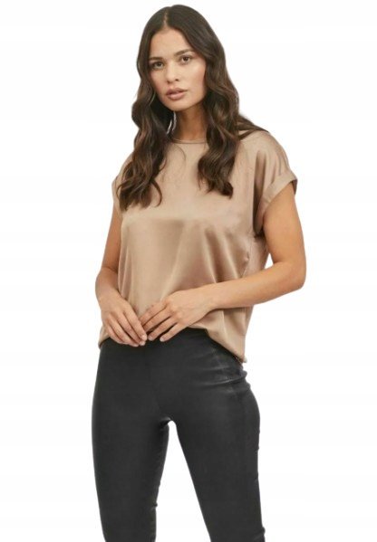 VILA BEŻOWY T-SHIRT LUŹNY DAMSKI GŁADKI Z KRÓTKIM RĘKAWEM 36 J7A