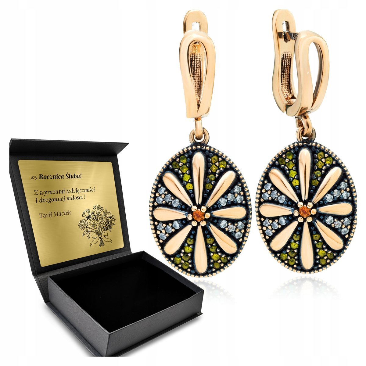 Kolczyki Srebrne 925 Cyrkonie Kwiat Biżuteria Dla Kobiety + Grawer