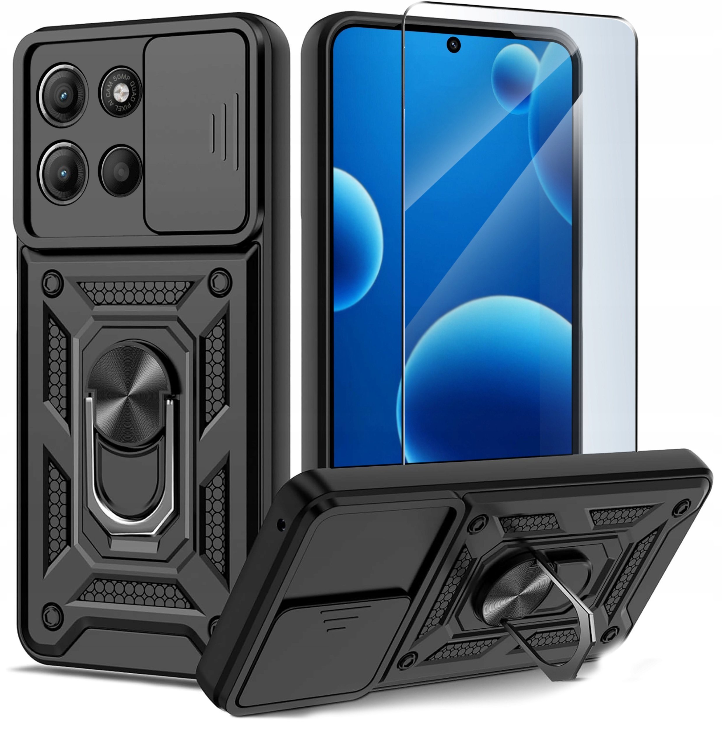 Etui do Motorola Moto G15 G15 Power PANCERNE SLIDE RING CASE + SZKŁO 9H