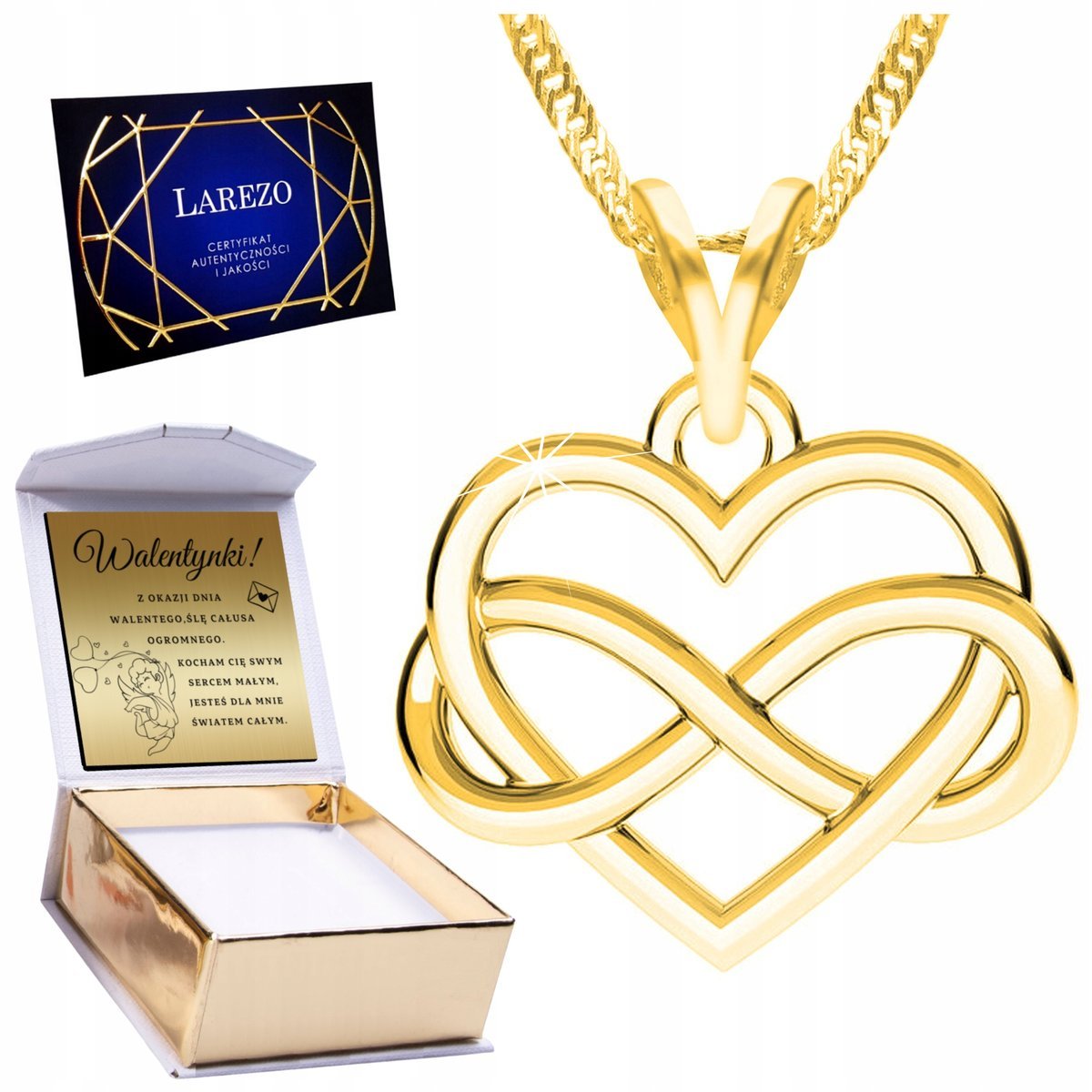 Złoty Naszyjnik 925 Pozłacany Serduszko Nieskończoność z Sercem + GRAWER