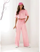 Komplety damskie - Bawełniany komplet z szerokimi spodniami NICOL - pudrowy róż - miniaturka - grafika 1