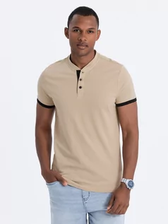 Koszulki męskie - T-shirt męski polo bez kołnierzyka - beżowy V5 S1381 - grafika 1