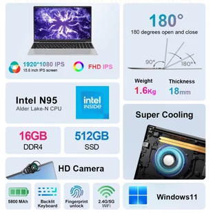 Ninkear N15 Air, ekran IPS 1920*1080 15,6 cali, Intel N95 Alder Lake-N 4 rdzenie 3,4Ghz, 16GB RAM 512GB SSD - Laptopy - miniaturka - grafika 8