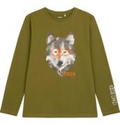 Moda i Uroda OUTLET - T-shirt z długim rękawem dla chłopca, z wilkiem, ciemnozielony 9-13 lat - miniaturka - grafika 1