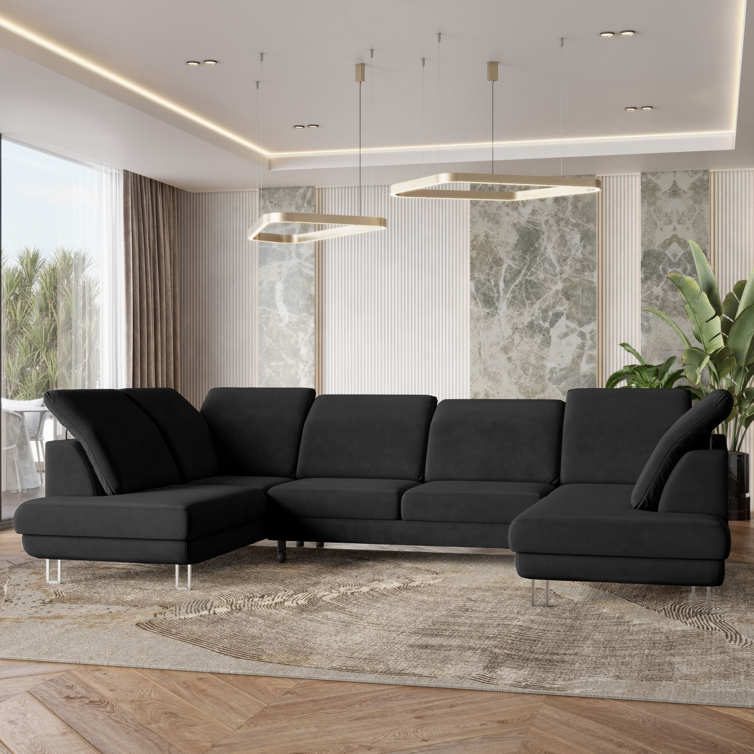 Masseno Narożnik TERAMO z funkcją spania i pojemnikiem na pościel Kształt U, Rozkładana sofa, Rogówka - Czarny, MONOLITH 95