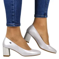 Czółenka - CZÓŁENKA PÓŁBUTY NA SŁUPKU SERGIO LEONE PB178 SREBRNE PERŁOWE OZDOBNY OBCAS KARBOWANY - miniaturka - grafika 1