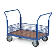Wózki magazynowe - Wózek platformowy - 4 niskie burty z siatki, 1200 x 800 mm, nośność 300 kg, koła 160 mm z czarną gumą - miniaturka - grafika 1