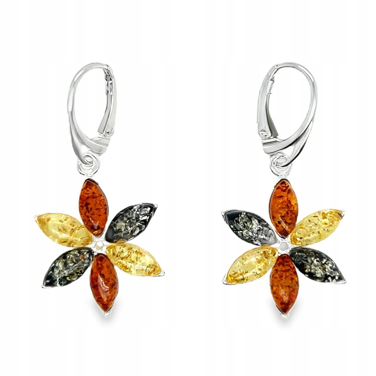Kolczyki srebrne z BURSZTYNEM zapięcie angielskie kwiatki WISZĄCE