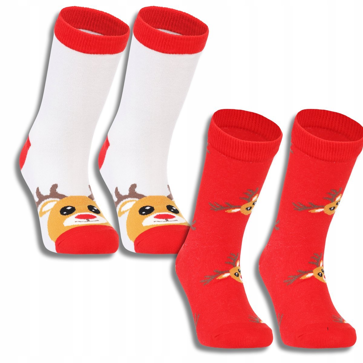 ŚWIĄTECZNE BAWEŁNIANE SKARPETY DZIECIĘCE RENIFERY 2-PAK PREZENT MORAJ 31-34 BIAŁE/CZERWONE