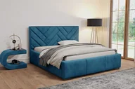 Łóżka - Łóżko tapicerowane AGMAT VENUS z wezgłowiem, 140 x 200 cm, łóżko podwójne z podstawą łóżka i metalową ramą z listew, tkanina welurowa: niebieski - miniaturka - grafika 1